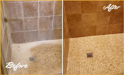 Before and After Picture of a Stone Shower Cleaning and Sealing Service