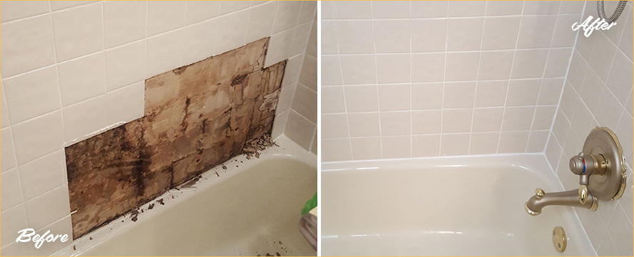 Before and After Picture of Repairing of Water Damage Behind a Tile Wall