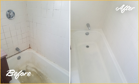 Picture of a White Tub with Damaged Caulking Before and After a Tub Recaulking Service