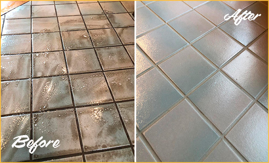 Before and After Picture of a Dirty Kitchen Floor Cleaned and Restored for Extra Protection