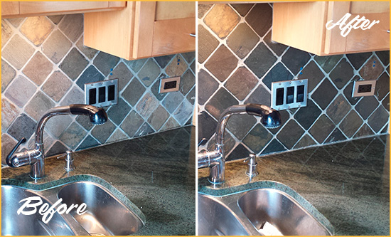 Before and After Picture of a Slate Backsplash Cleaned and Sealed to Remove Stains