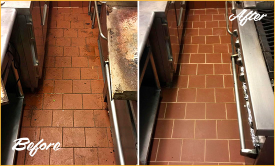 Before and After Picture of a Ridgeland Restaurant Kitchen Tile and Grout Cleaned to Eliminate Dirt and Grease Build-Up