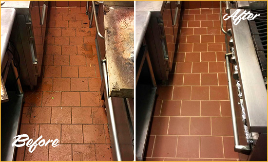 Before and After Picture of a Ravenel Restaurant Kitchen Tile and Grout Cleaned to Eliminate Dirt and Grease Build-Up