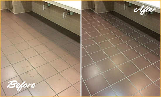 Before and After Picture of a Rockville Restrooms Tile and Grout Cleaned to Remove Embedded Dirt