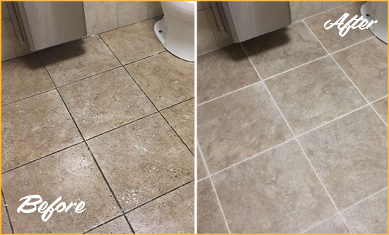 Before and After Picture of a Ridgeland Restroom Tile and Grout Cleaned to Remove Soil