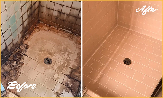 Before and After Picture of a Ravenel Shower Tile and Grout Cleaned to Repair Water Damage