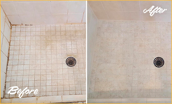 Before and After Picture of a Bluffton Shower Caulked to Fix Cracks