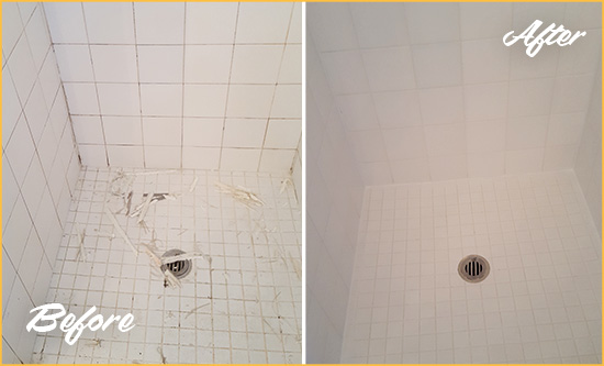 Before and After Picture of a Hardeeville Bathroom Re-Caulked To Repair Damaged Caulking