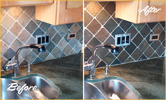 Before and After Picture of a Hollywood Backsplash Caulked to Fix and Prevent Water Leaks