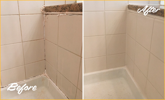 Before and After Picture of a Port Wentworth Shower Caulked to Repair Damaged Caulking