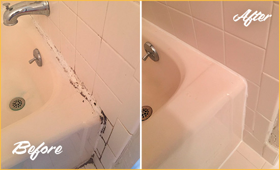 Before and After Picture of a Hollywood Bathroom Sink Caulked to Fix a DIY Proyect Gone Wrong