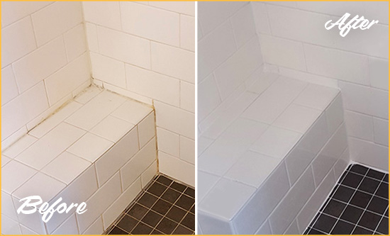 Before and After Picture of a Bluffton Shower Seat Caulked to Protect Against Mold and Mildew Growth