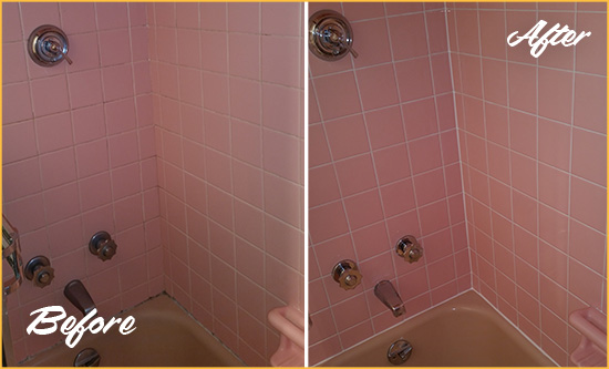 Before and After Picture of a Bluffton Bathtub Caulked to Eliminate Mold
