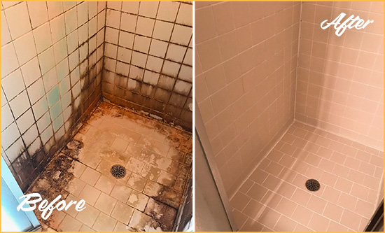 Before and After Picture of a Lincolnville Shower Caulked to Fix and Prevent Water Damage