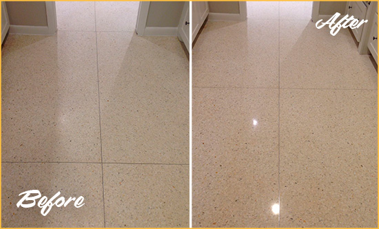Before and After Picture of a Port Royal Granite Stone Floor Polished to Repair Dullness
