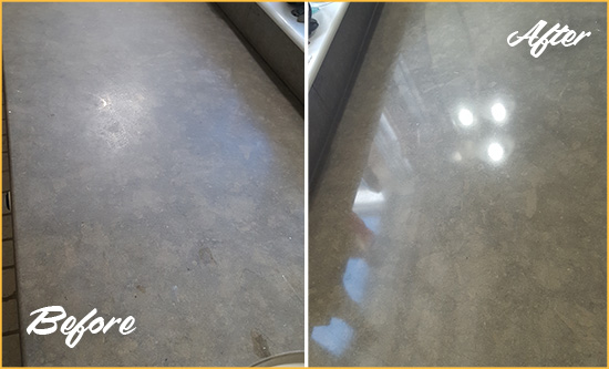 Before and After Picture of a Dull Savannah Limestone Countertop Polished to Recover Its Color