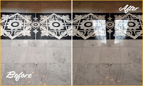 Before and After Picture of a Ridgeland Marble Stone Floor Polished to a Mirror Shine