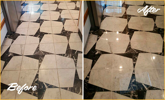 Before and After Picture of a Dull Port Royal Marble Stone Floor Polished To Recover Its Luster
