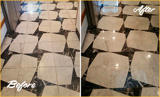 Before and After Picture of a Dull Rockville Marble Stone Floor Polished To Recover Its Luster