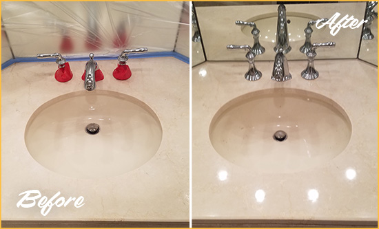 Before and After Picture of a Dull Ridgeland Marble Stone Vanity Top Polished to Bring-Back Its Sheen