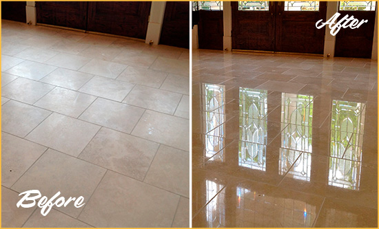 Before and After Picture of a Dull Hardeeville Travertine Stone Floor Polished to Recover Its Gloss