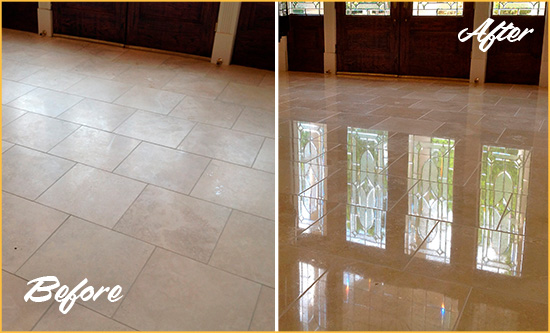 Before and After Picture of a Dull Rockville Travertine Stone Floor Polished to Recover Its Gloss