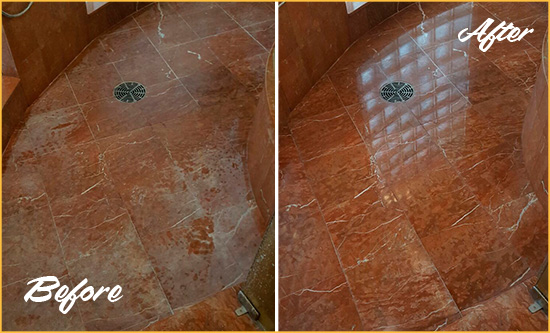 Before and After Picture of a Savannah Marble Stone Shower Polished to Eliminate Mineral Deposits
