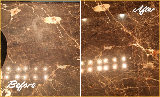 Before and After Picture of a Port Royal Marble Stone Countertop Polished to Eliminate Stains