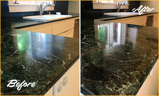 Before and After Picture of a Rockville Marble Stone Counter Polished to Eliminate Water Marks