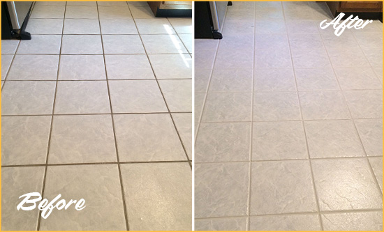 Before and After Picture of a Hilton Head Island Kitchen Ceramic Floor Sealed to Protect From Dirt and Spills