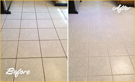 Before and After Picture of a Rockville Kitchen Ceramic Floor Sealed to Protect From Dirt and Spills