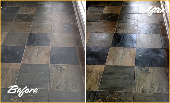 Before and After Picture of a Dull Bluffton Slate Floor Sealed to Bring Back Its Colors