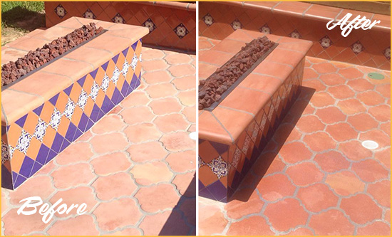 Before and After Picture of a Dull Ridgeland Terracotta Patio Floor Sealed For UV Protection