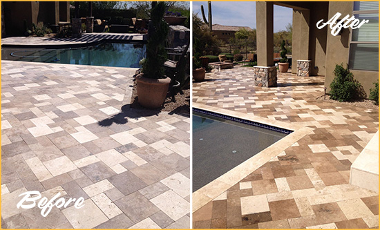 Before and After Picture of a Faded Vernonburg Travertine Pool Deck Sealed For Extra Protection