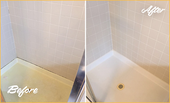 Before and After Picture of a Bluffton Shower Sealed to Remove and Protect Against Mold