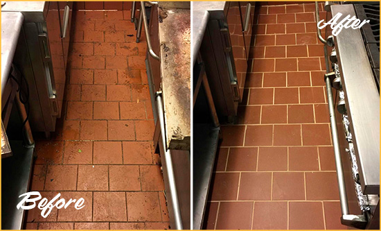 Before and After Picture of a Thunderbolt Restaurant Kitchen Floor Sealed to Remove Soil