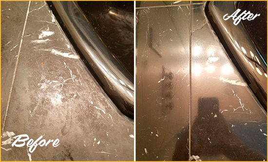 Before and After Picture of a Rockville Marble Countertop Cleaned to Remove Deep Dirt