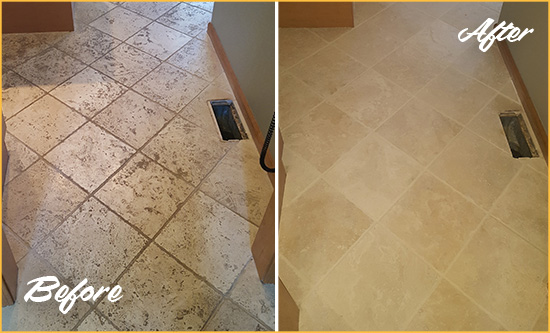 Before and After Picture of a Garden City Kitchen Marble Floor Cleaned to Remove Embedded Dirt