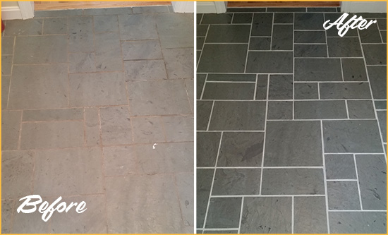 Before and After Picture of a Vernonburg Slate Floor Cleaned to Remove Deep-Seated Dirt