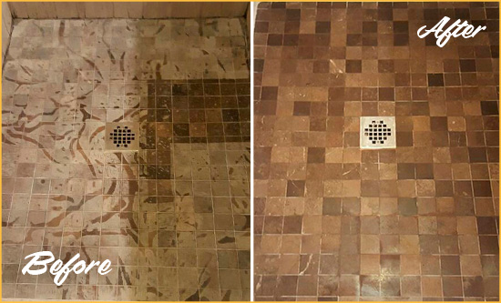 Before and After Picture of a Stained Hardeeville Marble Shower Floor Cleaned to Remove Etching