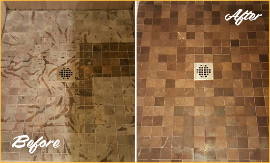 Before and After Picture of a Stained Ravenel Marble Shower Floor Cleaned to Remove Etching