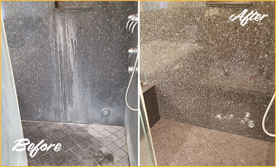 Before and After Picture of a Garden City Granite Shower Cleaned to Remove Mineral Deposits
