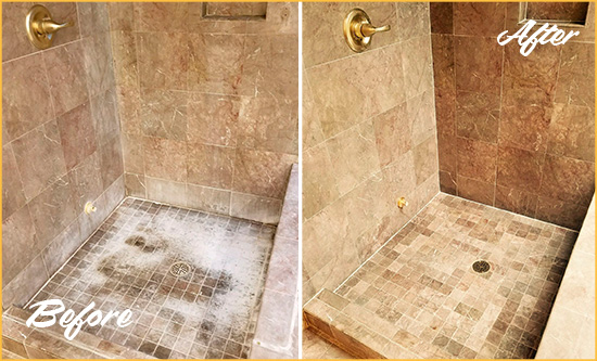 Before and After Picture of a Hilton Head Island Travertine Shower Cleaned to Eliminate Water Spots