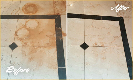Before and After Picture of a Savannah Marble Floor Cleaned to Eliminate Rust Stains