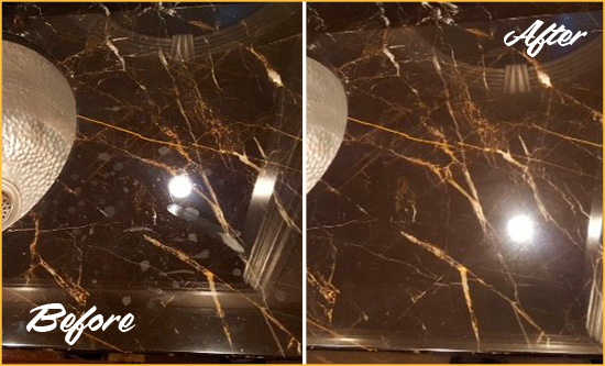 Before and After Picture of a Tybee Island Marble Countertop Cleaned to Remove Water Spots