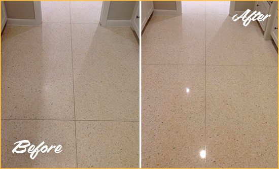 Before and After Picture of a Daniel Island Granite Floor Sealed for Stone Protection