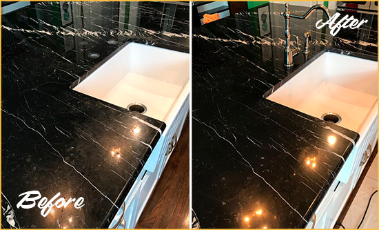 Before and After Picture of a Hilton Head Island Marble Kitchen Countertop Stone Sealed to Avoid Water Damage