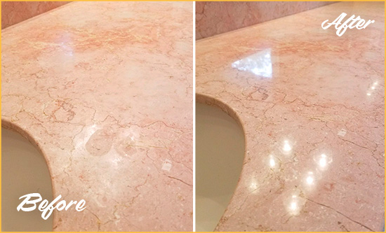 Before and After Picture of a Ridgeland Marble Stone Vanity Top Sealed to Avoid Water Marks