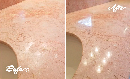 Before and After Picture of a Awendaw Marble Stone Vanity Top Sealed to Avoid Water Marks