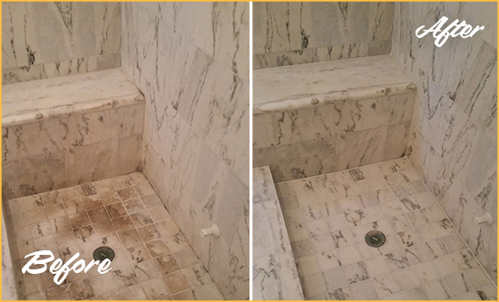 Before and After Picture of a Pooler Marble Shower Honed to Remove Dark Stains